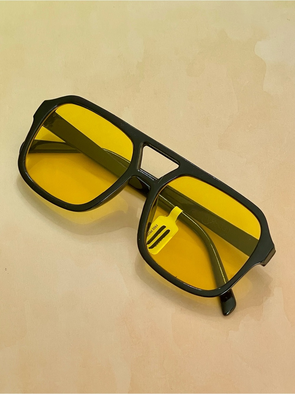 Free People Black Frame Square Aviator  Sunglasses with Yellow Lenses
